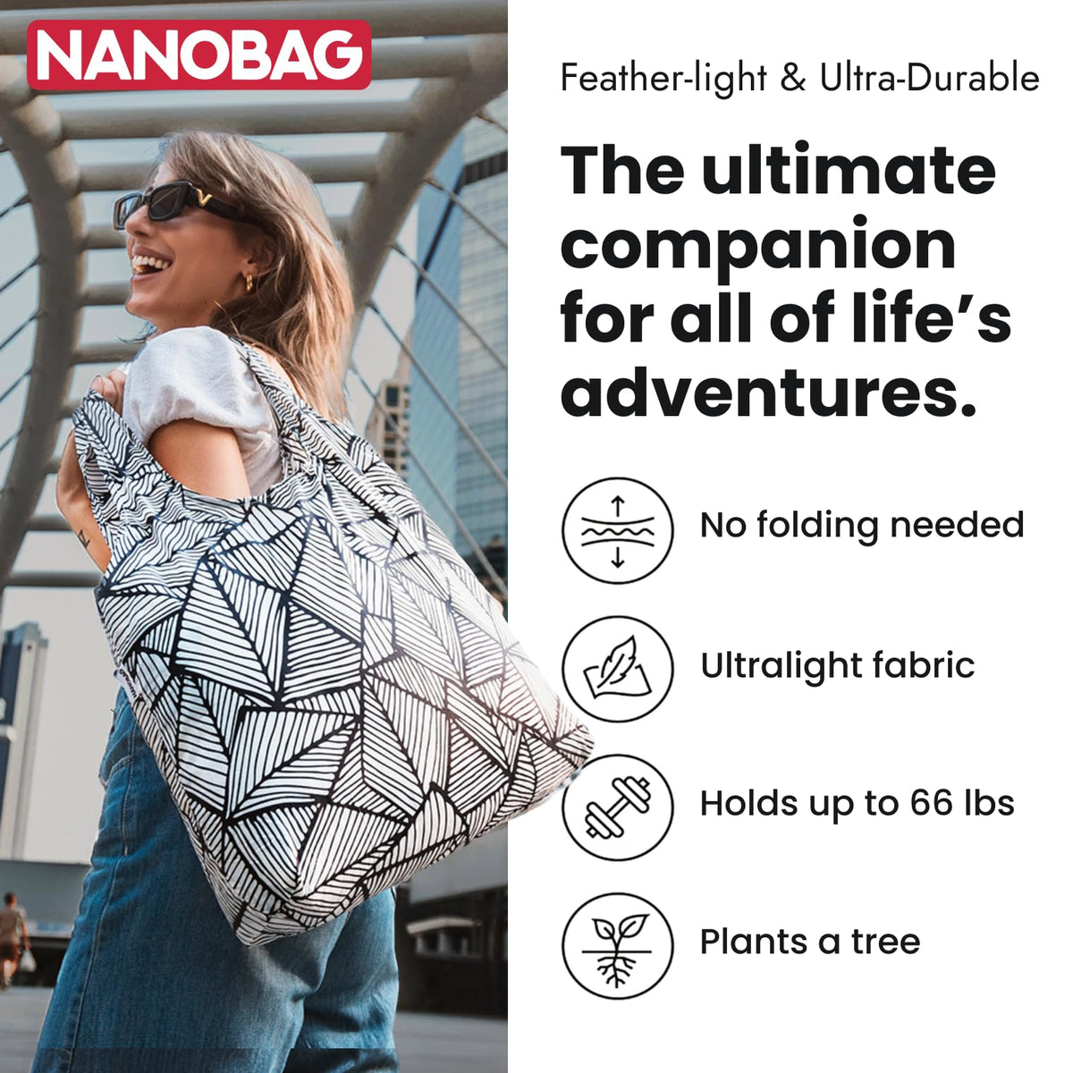 Nanobag diamond ripstop nylon fabric provides durable, lightweight daily use.
