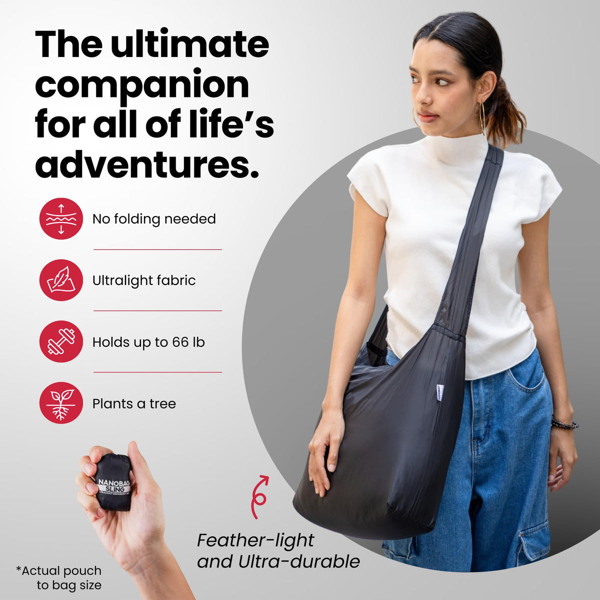 Nanobag Sling packable into pocket for on-the-go shopping.