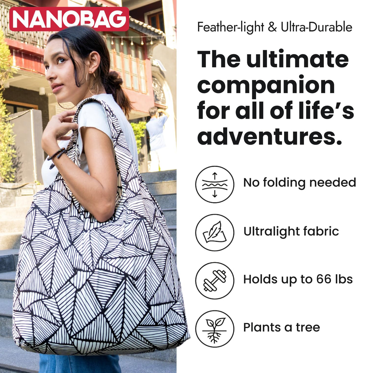 Nanobag ultralight tote with triple-layer handles for comfort
