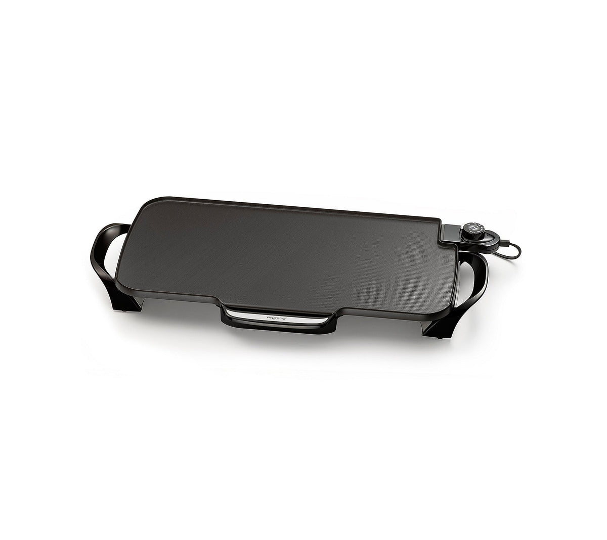 National Presto 07061 griddle with detachable handles for compact storage in a kitchen cabinet.