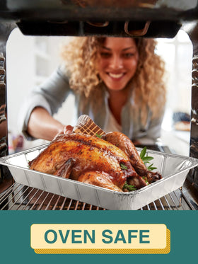NEEBAKE oven-safe foil pans suitable for roasting and baking in ovens.