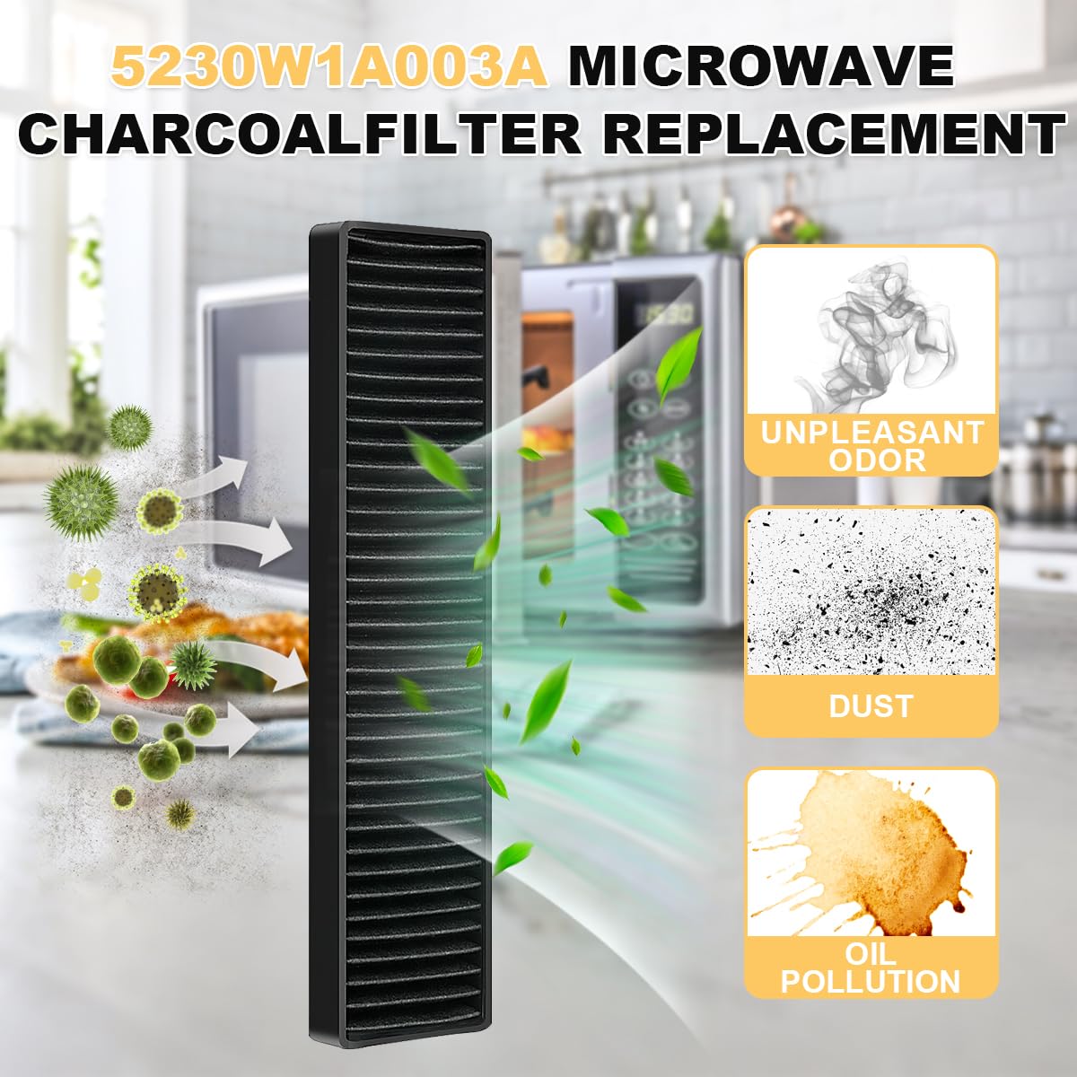 NelsMich microwave charcoal filter installed above the door for easy replacement.