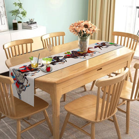 Nepnuser linen runner featuring horse racing pattern for rustic dining.
