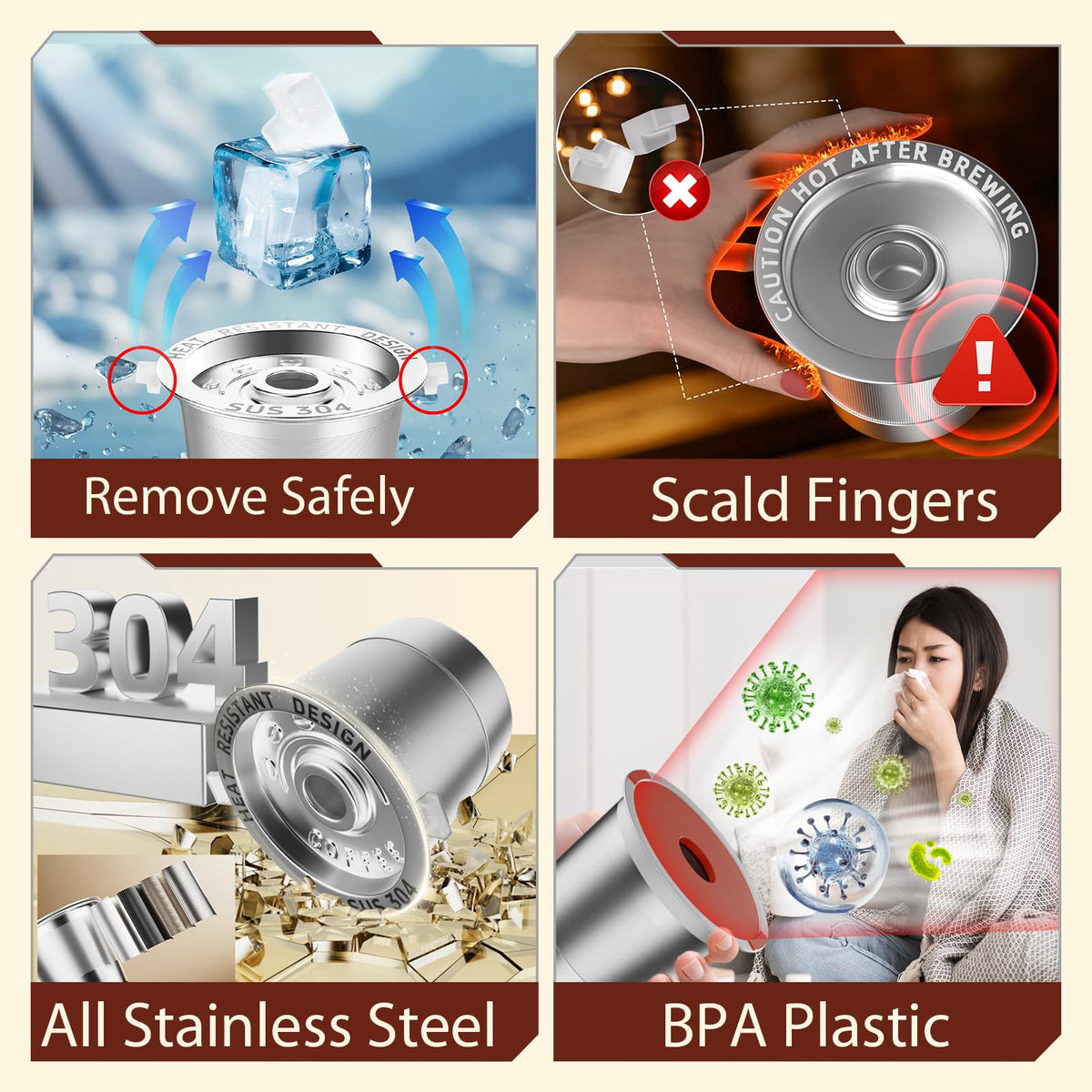 NESSUS heat-resistant pads keep lids cool for safe, comfortable handling.