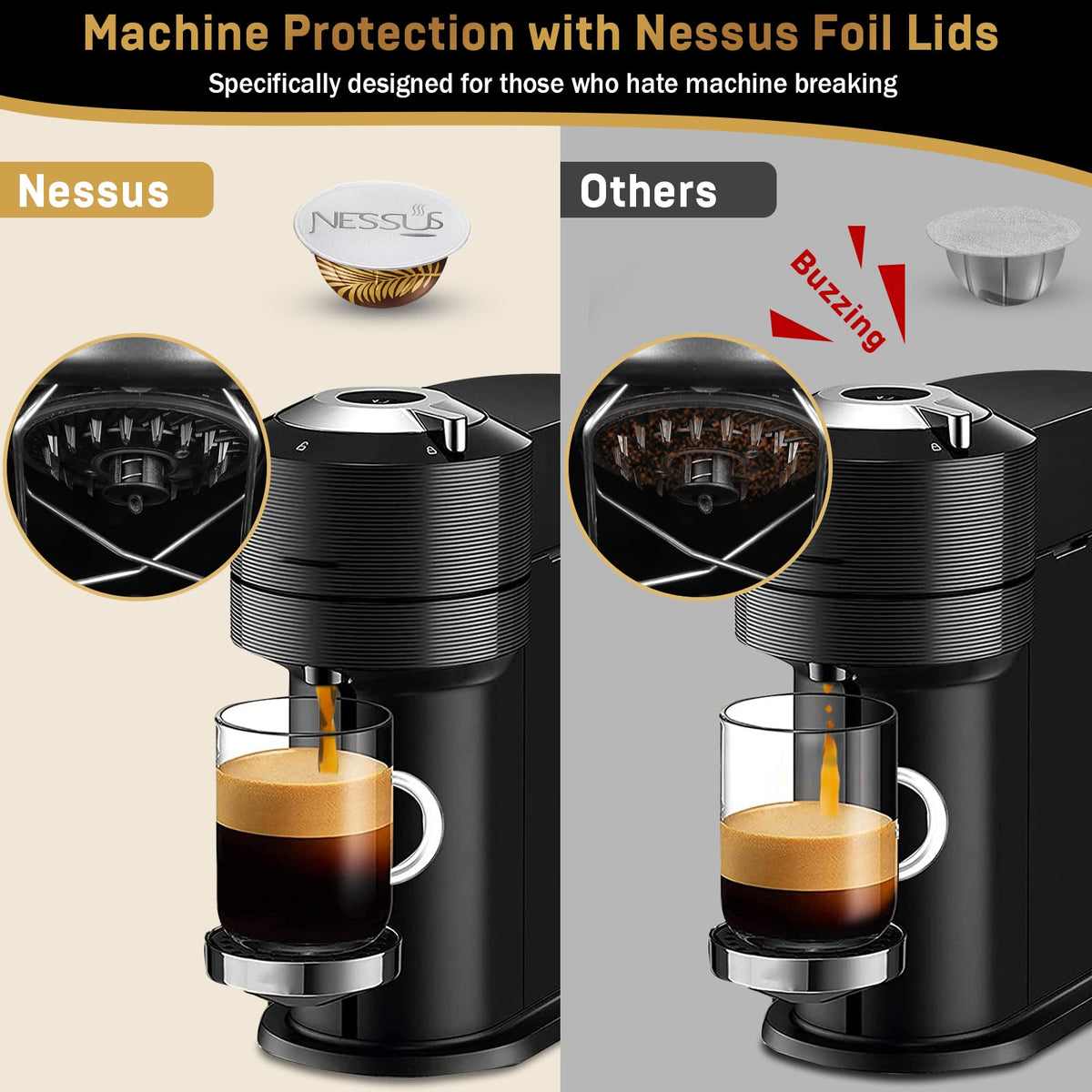 NESSUS airtight seal ensures reliable adhesion on reusable Vertuo pods for consistent flavor