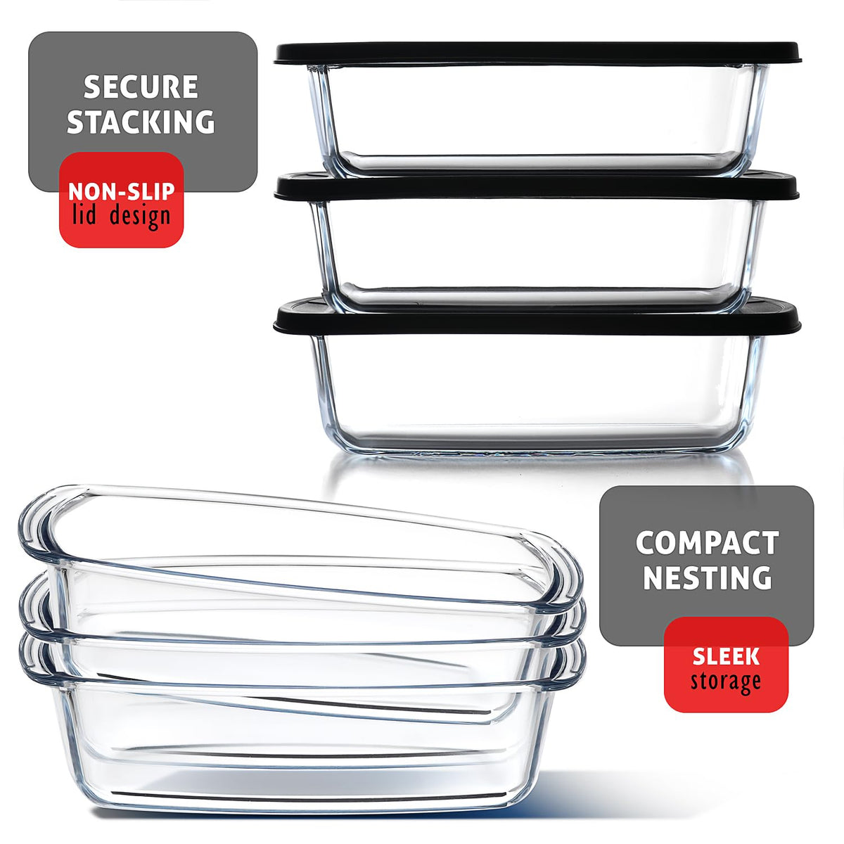 Nestl glass baking dishes, oven-safe, ideal for casseroles and breads.