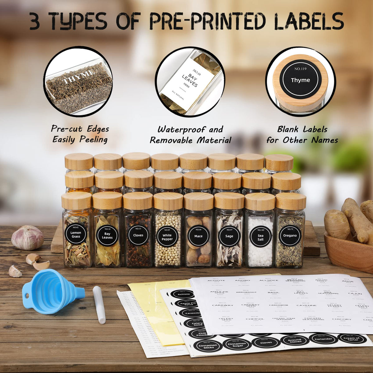 NETANY bamboo lids keep spices fresh on your rack.