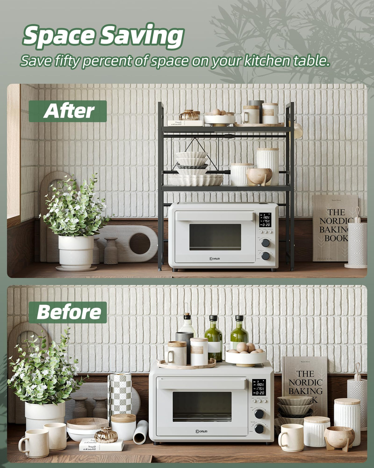 NETEL microwave oven rack with eight hooks for utensils and towels.