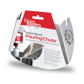 New Metro Design Pouring Chute attached to a metal bowl directs ingredients for cleaner mixing.