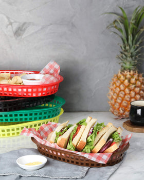 New Star red fast food basket pairs with deli paper for clean service.