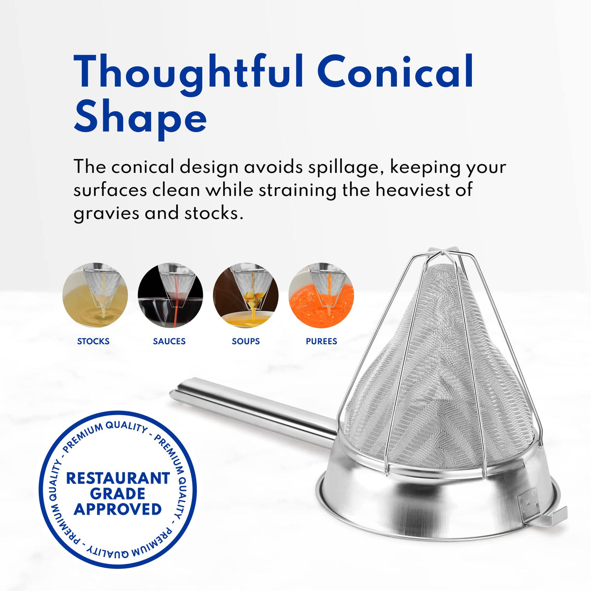 New Star Foodservice bouillon strainer doubles as a colander for rinsing produce.
