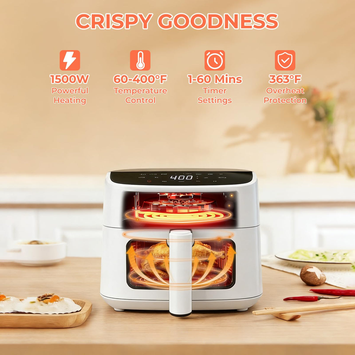 NEWBULIG Air Fryer 8 presets for fries, steak, and chicken make quick meals easy.