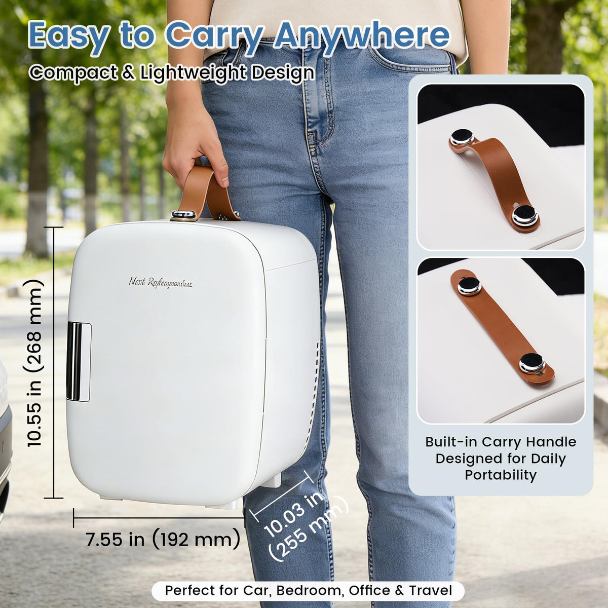 NEWBULIG compact fridge fits desktops, nightstands, or car cup holders.