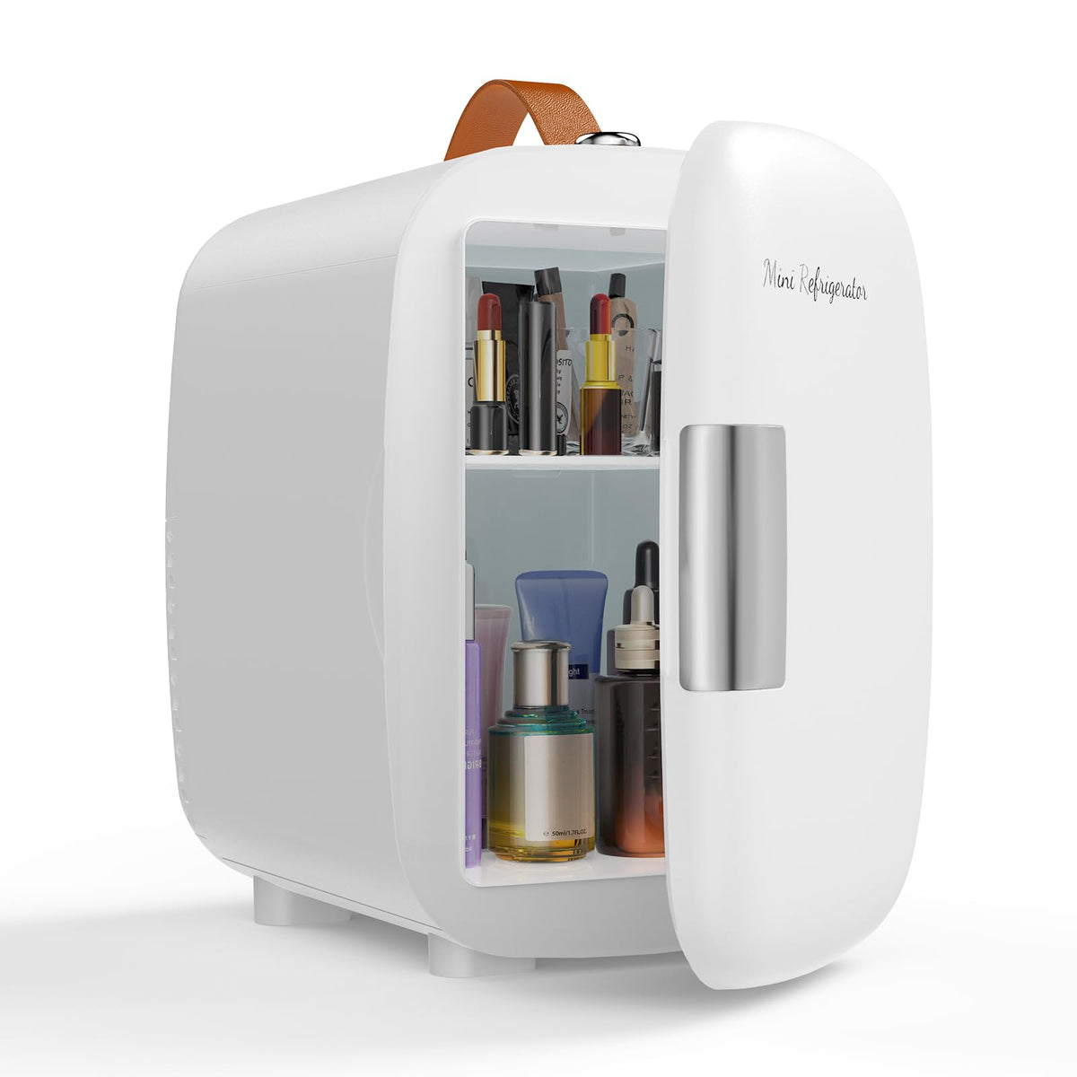 NEWBULIG mini fridge front view shows compact desk-ready design