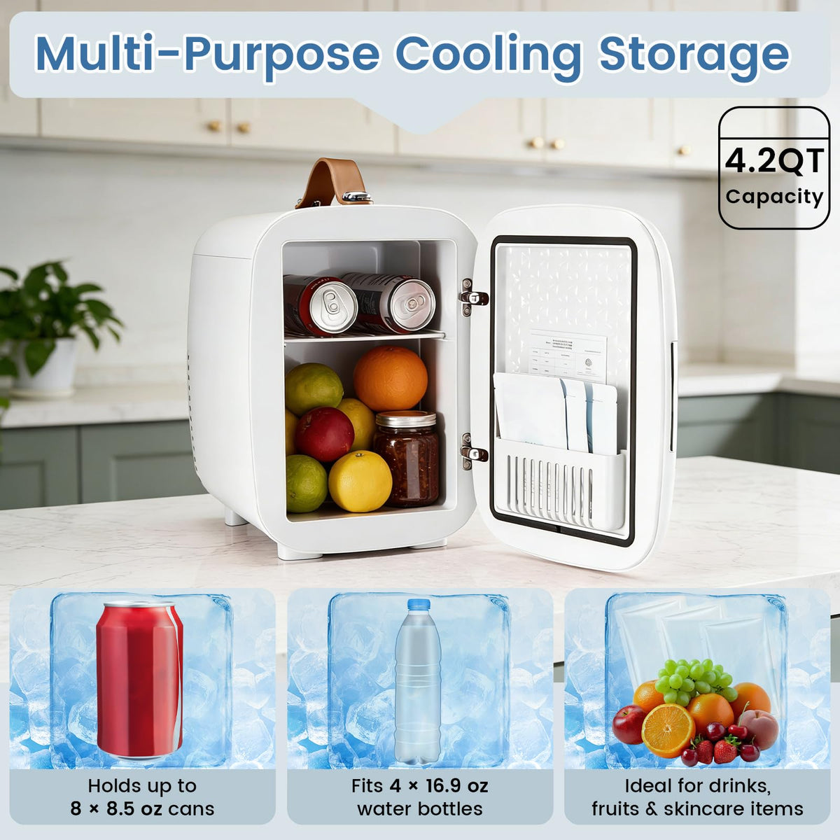 NEWBULIG mini fridge open lid reveals accessible skincare and snacks