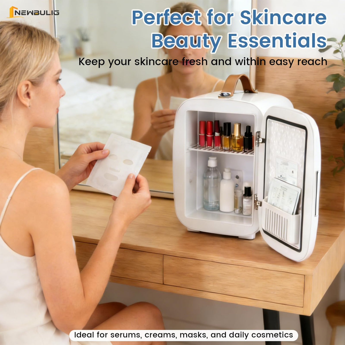 NEWBULIG mini fridge with portable handle supports easy transport on desk or in bedroom.