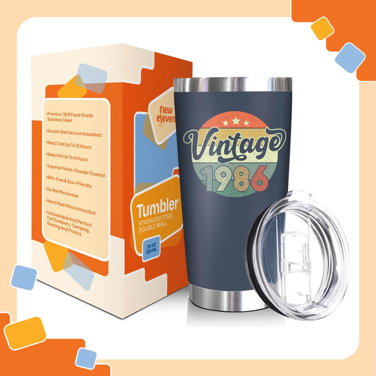 NewEleven 1986 birthday gift tumbler for hands-free sipping at gatherings.