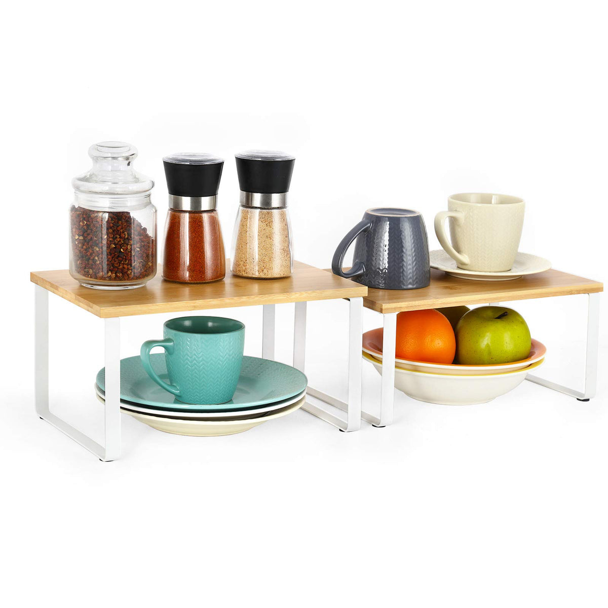 NEX stackable bamboo shelves expanding to fit pantry needs.
