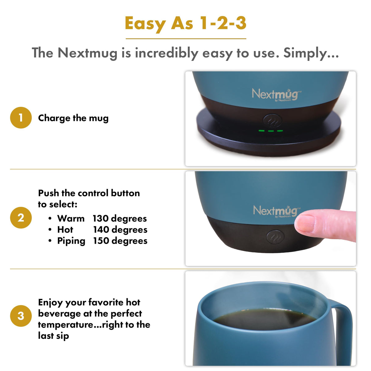 LED battery indicator on Nextmug Plus shows charge level and status