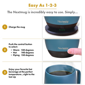 Nextmug Slate Blue 14 oz on docking coaster for easy charging.