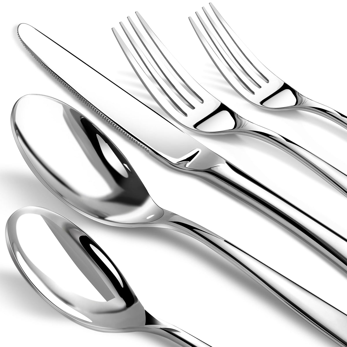 Nice Kitchen 60-piece silverware set in a sleek mirror polish for daily dining.