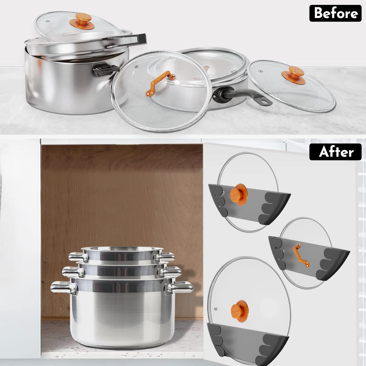 Niceyos six-pack lid storage helps save cabinet space and ease access