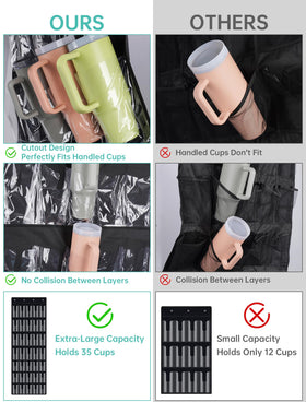 U-shaped handle slots help store cups with handles neatly.