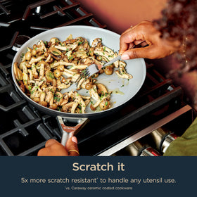 Ninja Ceramic Pro metal utensil safety closeup shows scratch resistance.