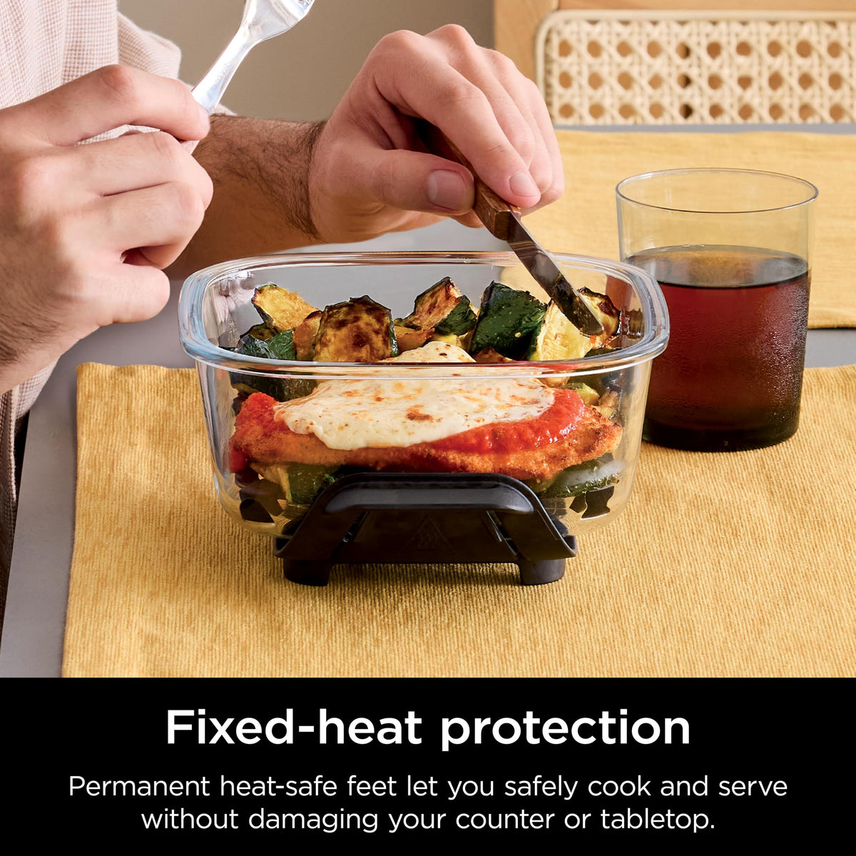 Ninja CleanCrisp heat-protection feet guard surfaces during cooking and cooling.