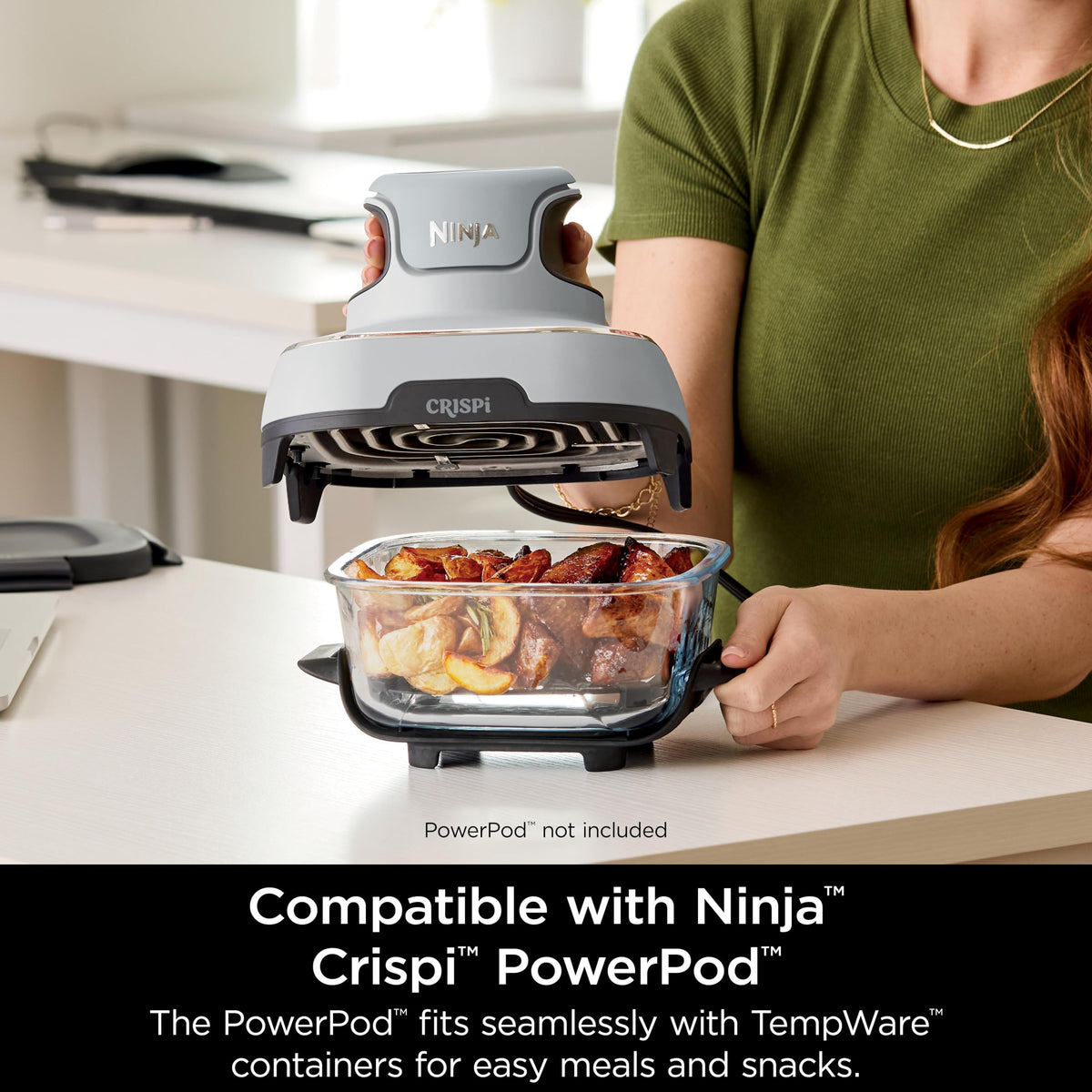Ninja Crispi PowerPod compatibility enables high-heat cooking with this container.