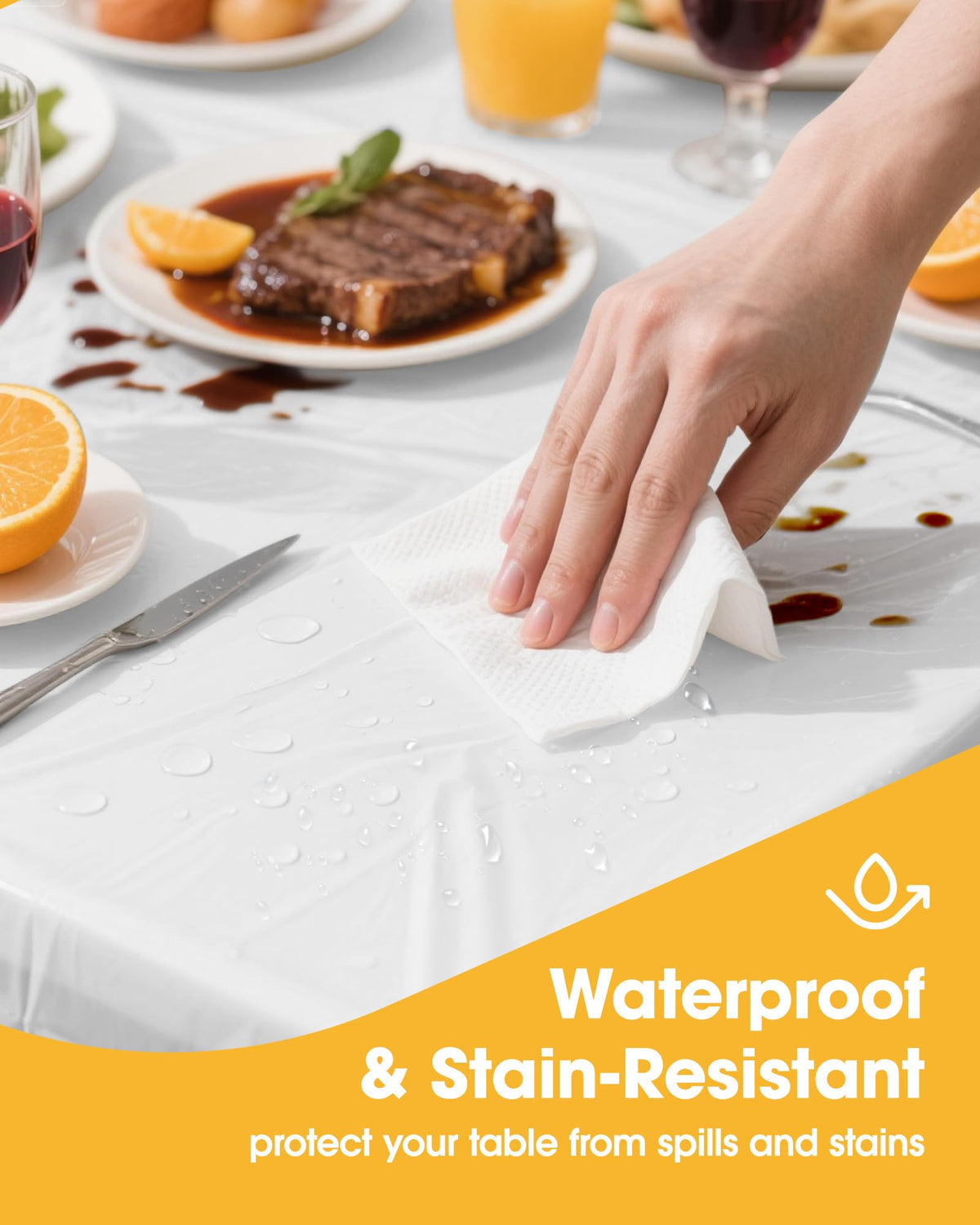 Niuara White Plastic Tablecloth on a 6ft table provides tidy dining surfaces