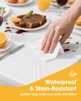 Niuara White Plastic Tablecloth on a 6ft table provides tidy dining surfaces