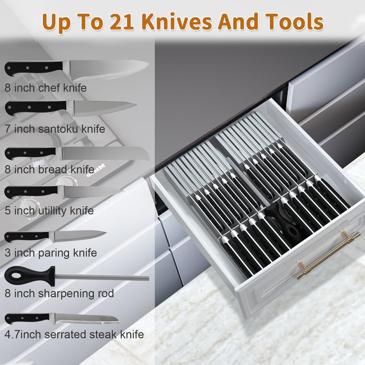 NIUXX knife drawer block 20-slots demonstrates full capacity for blades and a sharpening rod