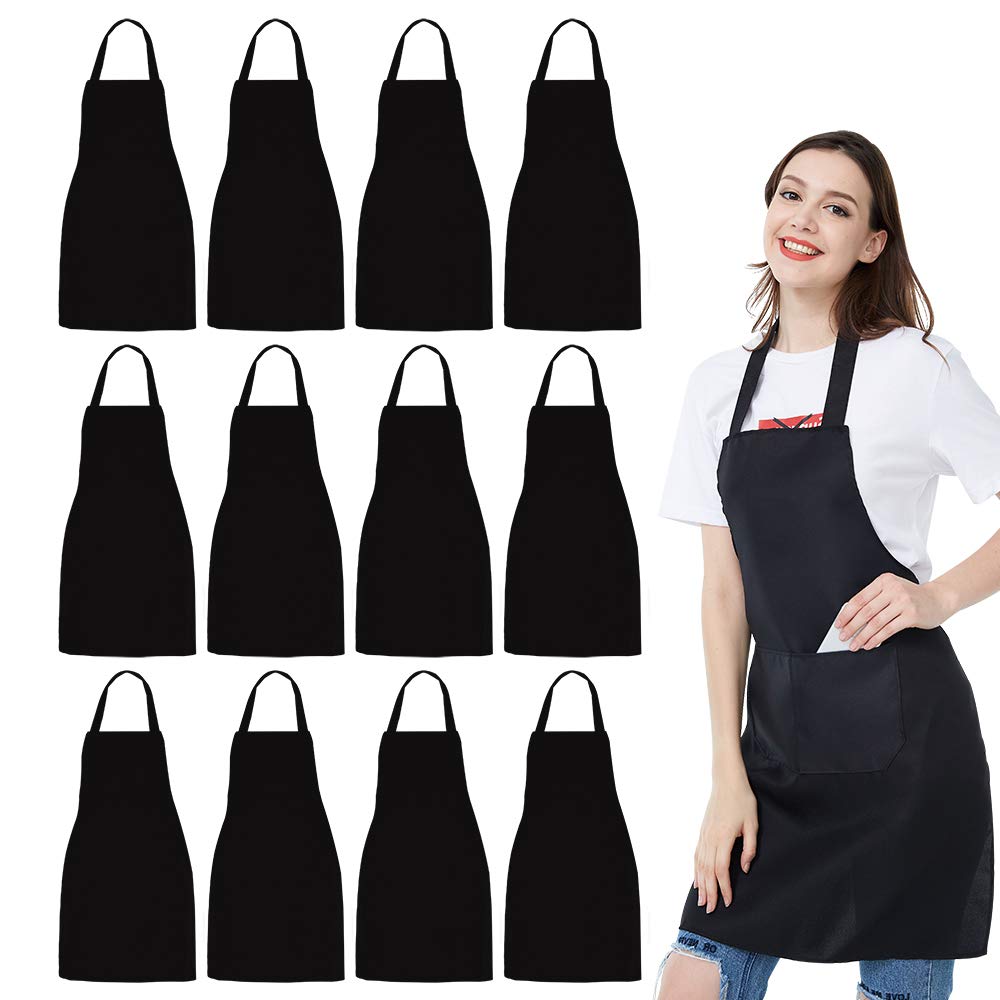 NOBONDO 12-pack bib apron in black, front view with two pockets.
