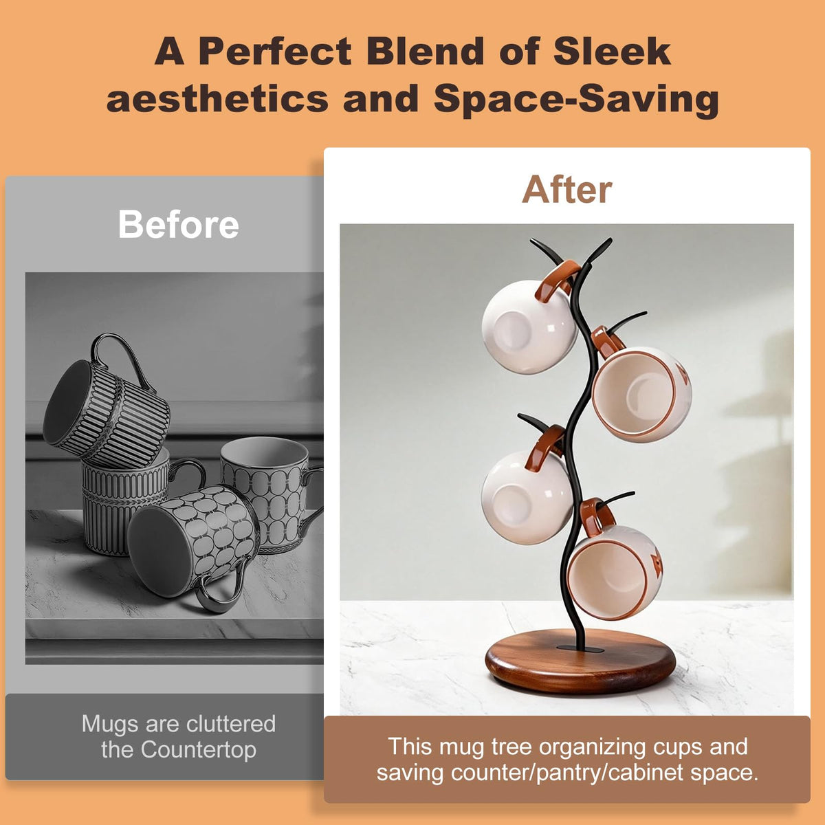 Noeixrah mug tree base of solid wood provides stable support for daily use.