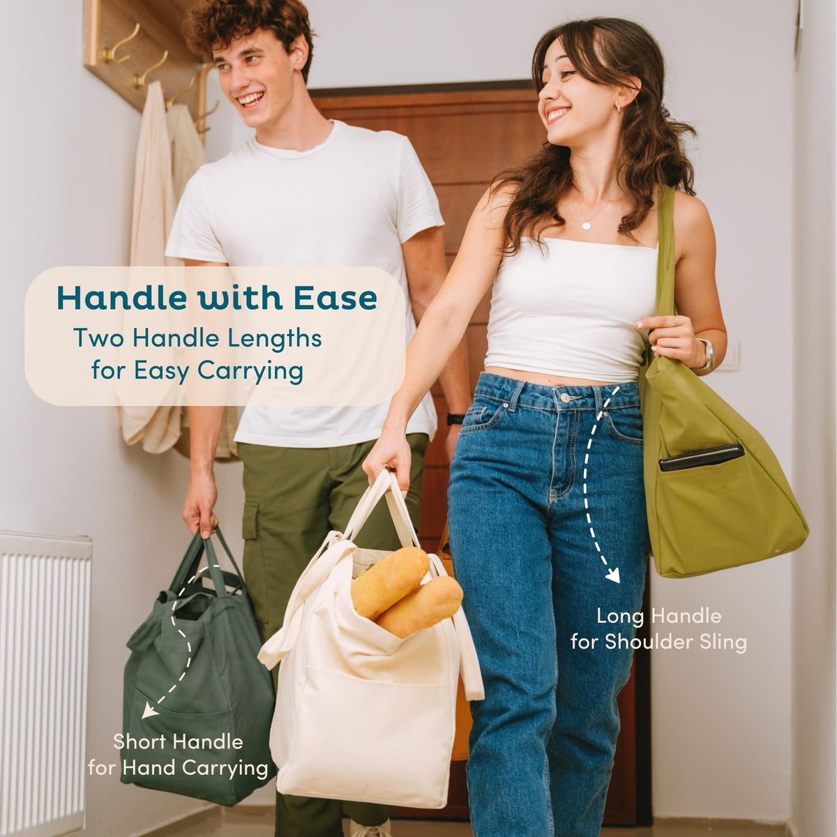 Nook Theory bags offer two handle lengths for handheld or shoulder carrying.