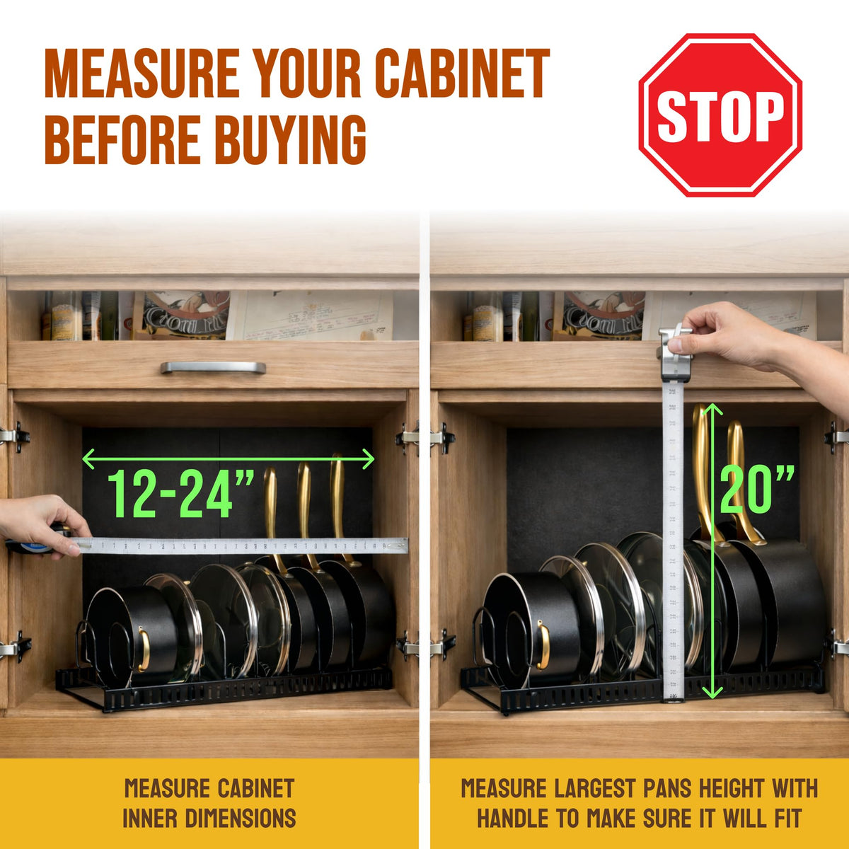 Norcalway extendable pan organizer shows adjustable length fitting tight spaces.