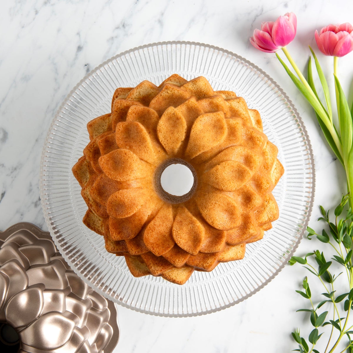 Nordic Ware Blossom Bundt Pan Toffee petal detail highlights delicate floral texture.