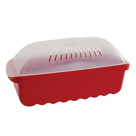 Nordic Ware microwave pasta cooker red, side view, for fast, mess-free meals.