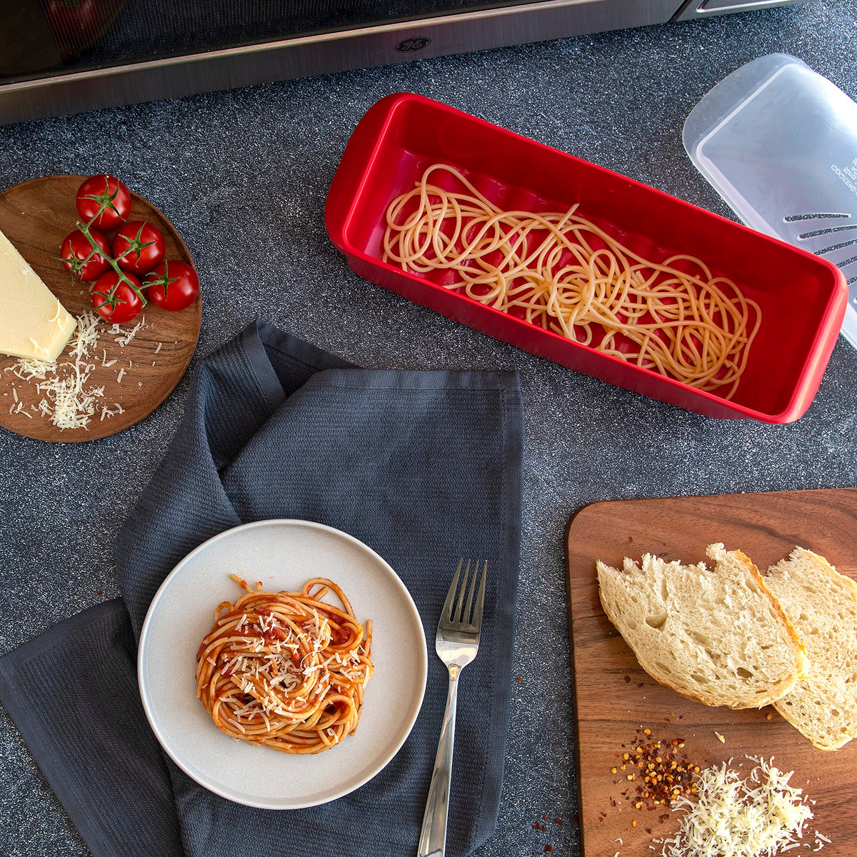 Nordic Ware dishwasher-safe pasta cooker for easy cleanup.