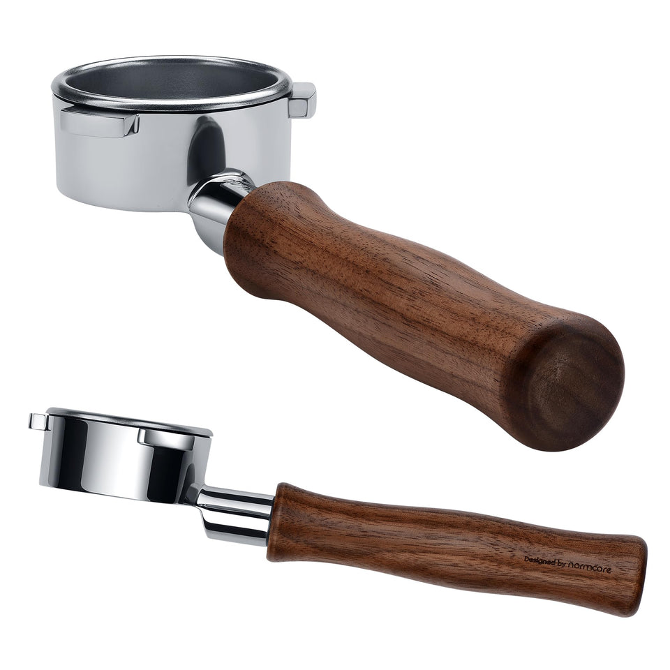 Normcore bottomless portafilter with walnut handle for precise espresso flow analysis.