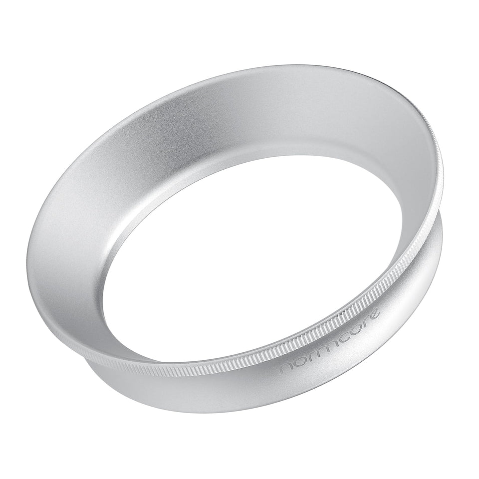 Normcore dosing funnel V2 with magnetic ring on 54mm bottomless portafilter for clean dosing
