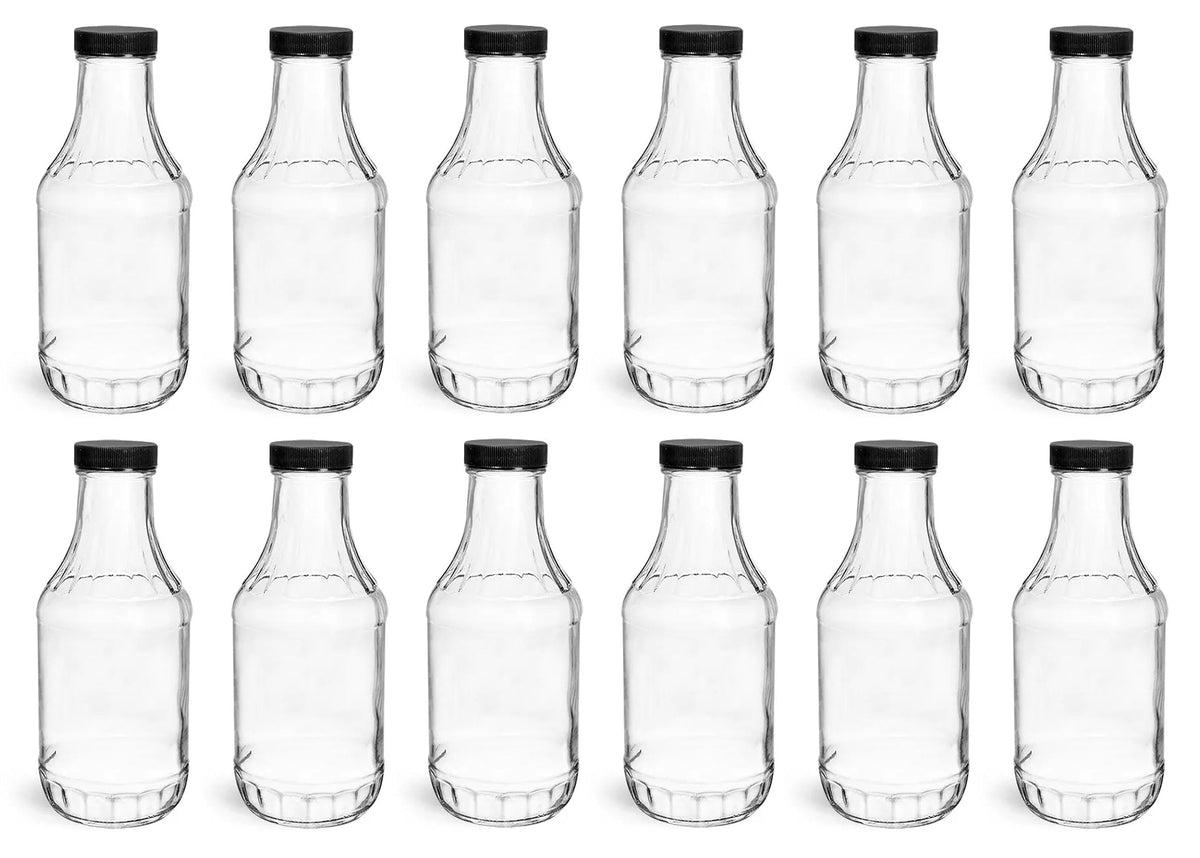 North Mountain Supply 16 oz glass sauce bottle with 38mm lid, ideal for sauces and dressings.