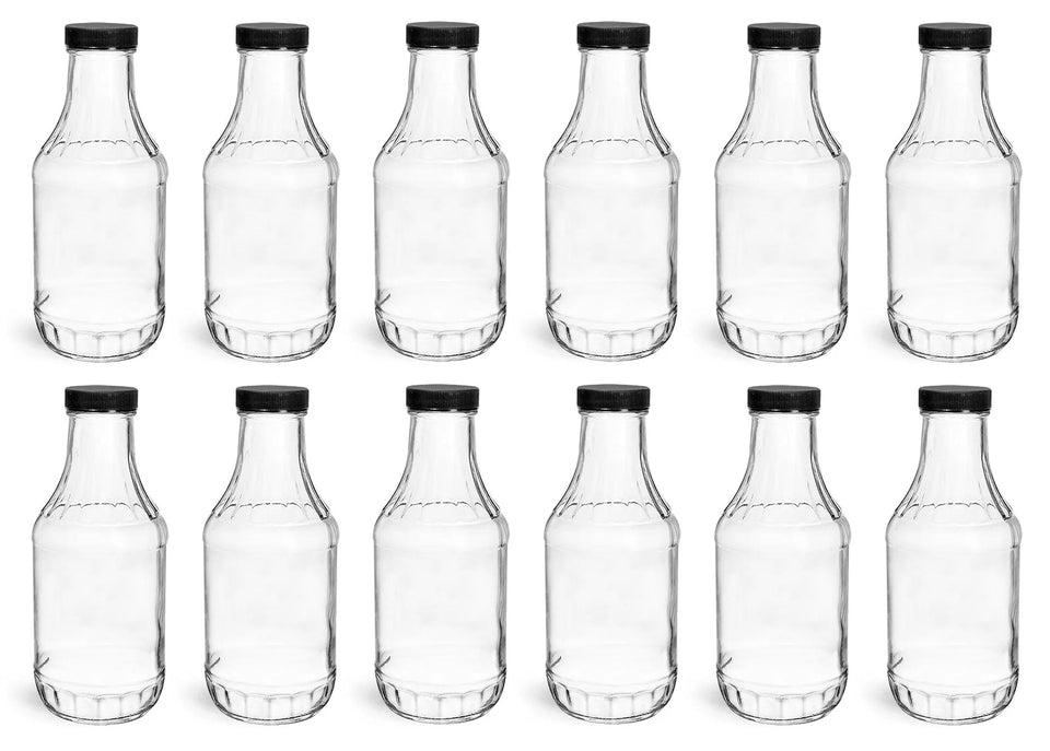 North Mountain Supply 16 oz glass sauce bottle with 38mm lid, ideal for sauces and dressings.