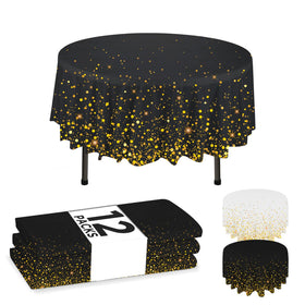 NORZEE 12-pack black disposable tablecloths on a round 84-inch table for easy cleanup.