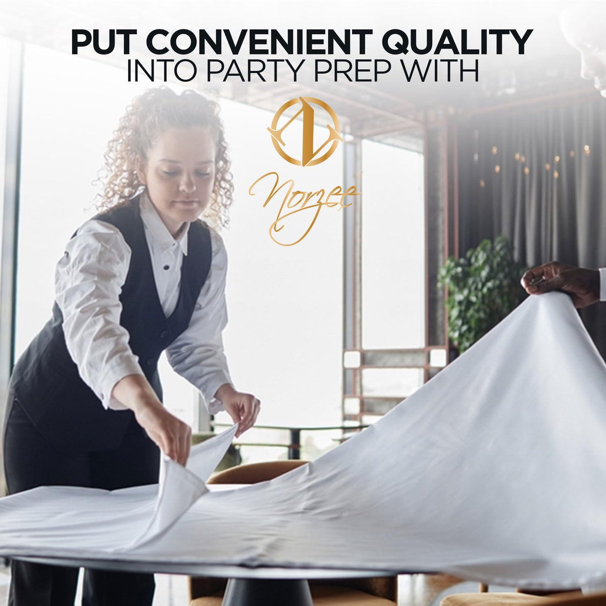 NORZEE round tablecloth with subtle gold accent design.