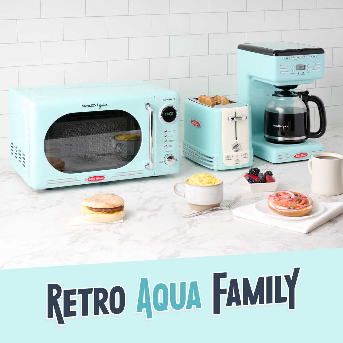 Nostalgia Aqua toaster defrost and bagel settings for versatile mornings.
