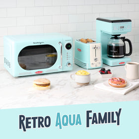 Nostalgia Aqua toaster defrost and bagel settings for versatile mornings.