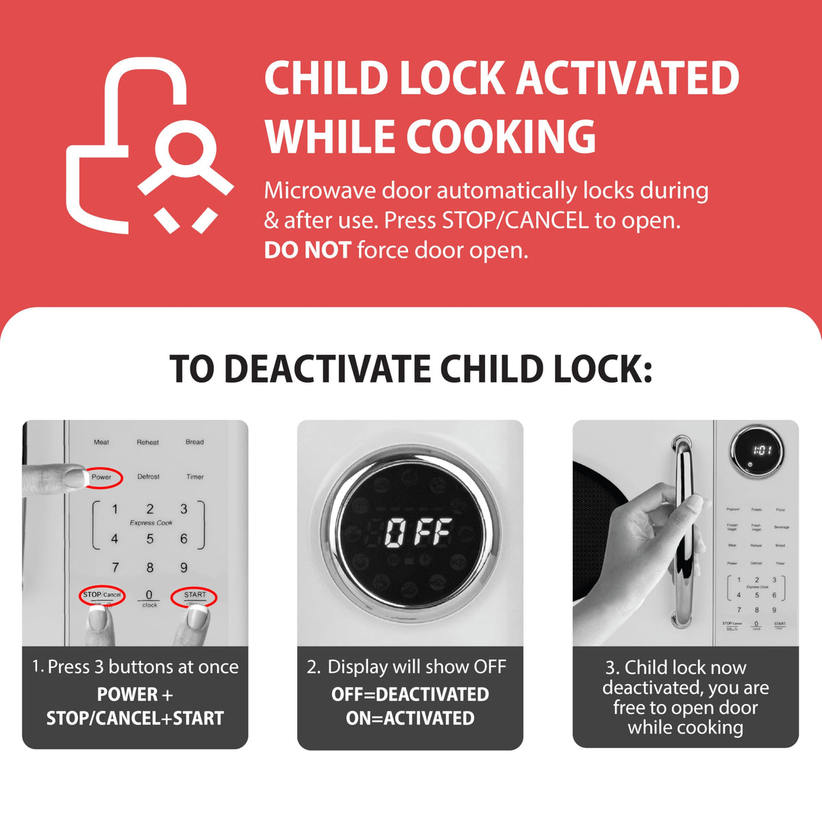 Nostalgia Retro 1000W microwave with child safety lock, adds peace of mind for families.