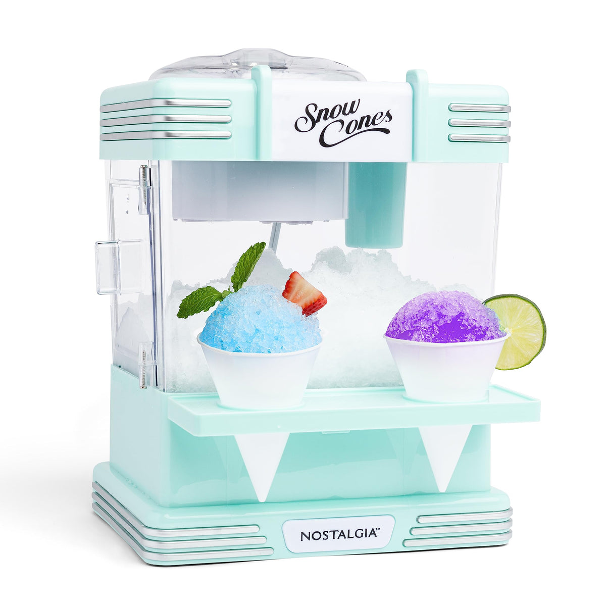 Nostalgia snow cone machine on a clean countertop offering quick, refreshing snow cones